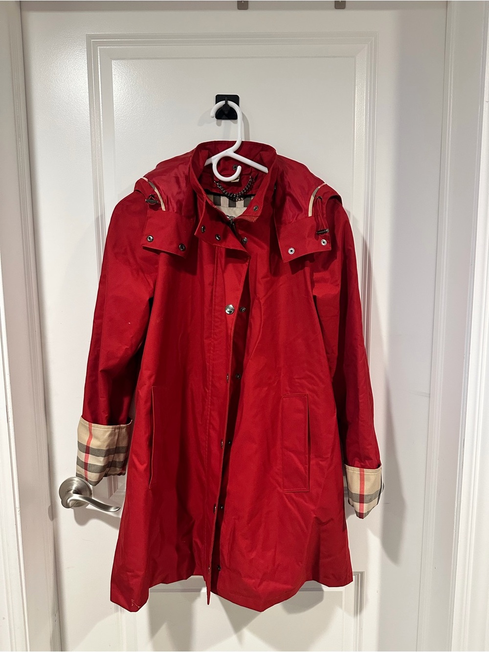 Burberry Red Hooded Trench Coat with Signature Check Cuffs